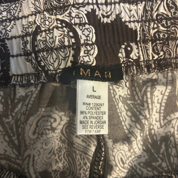 IMAN Easywear Pants SZ LG Brown Gold Trim Paisley Slinky Wide Leg Elastic Waist - Picture 7 of 10